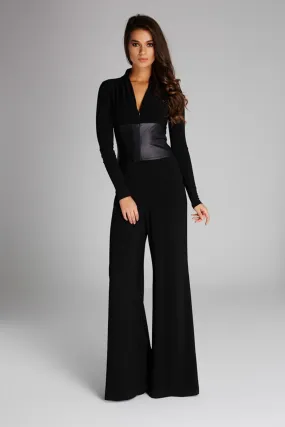 16145 Black Faux Leather Corset Bodycon Jumpsuit