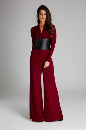 16194 Claret Red Faux Leather Corset Bodycon Jumpsuit