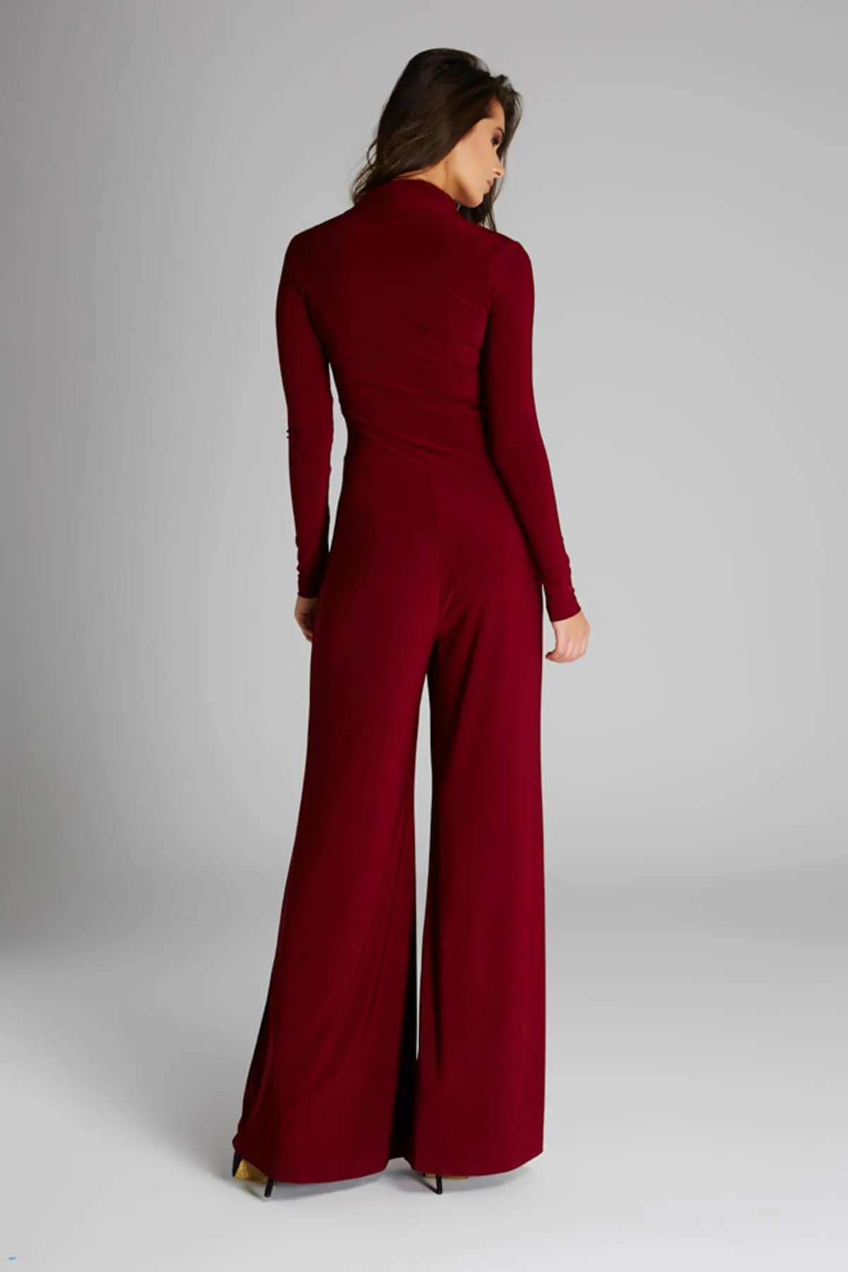 16194 Claret Red Faux Leather Corset Bodycon Jumpsuit