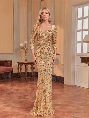 3/4 Sleeve Sequin Slim Fishtail Cocktail Evening Dress