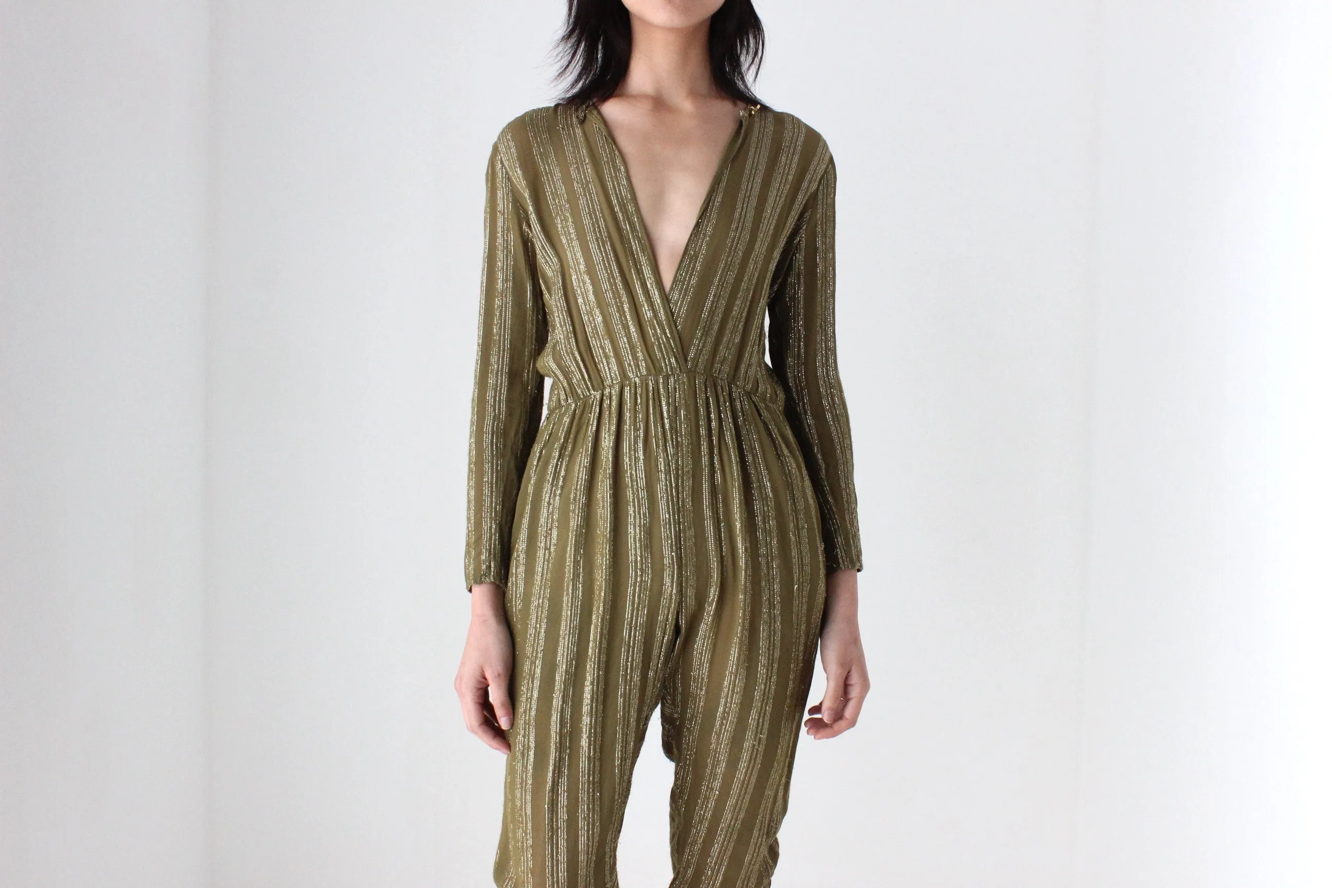 70s Rayon Metallic Lamé STUDIO 54 Plunge Neck Disco Jumpsuit