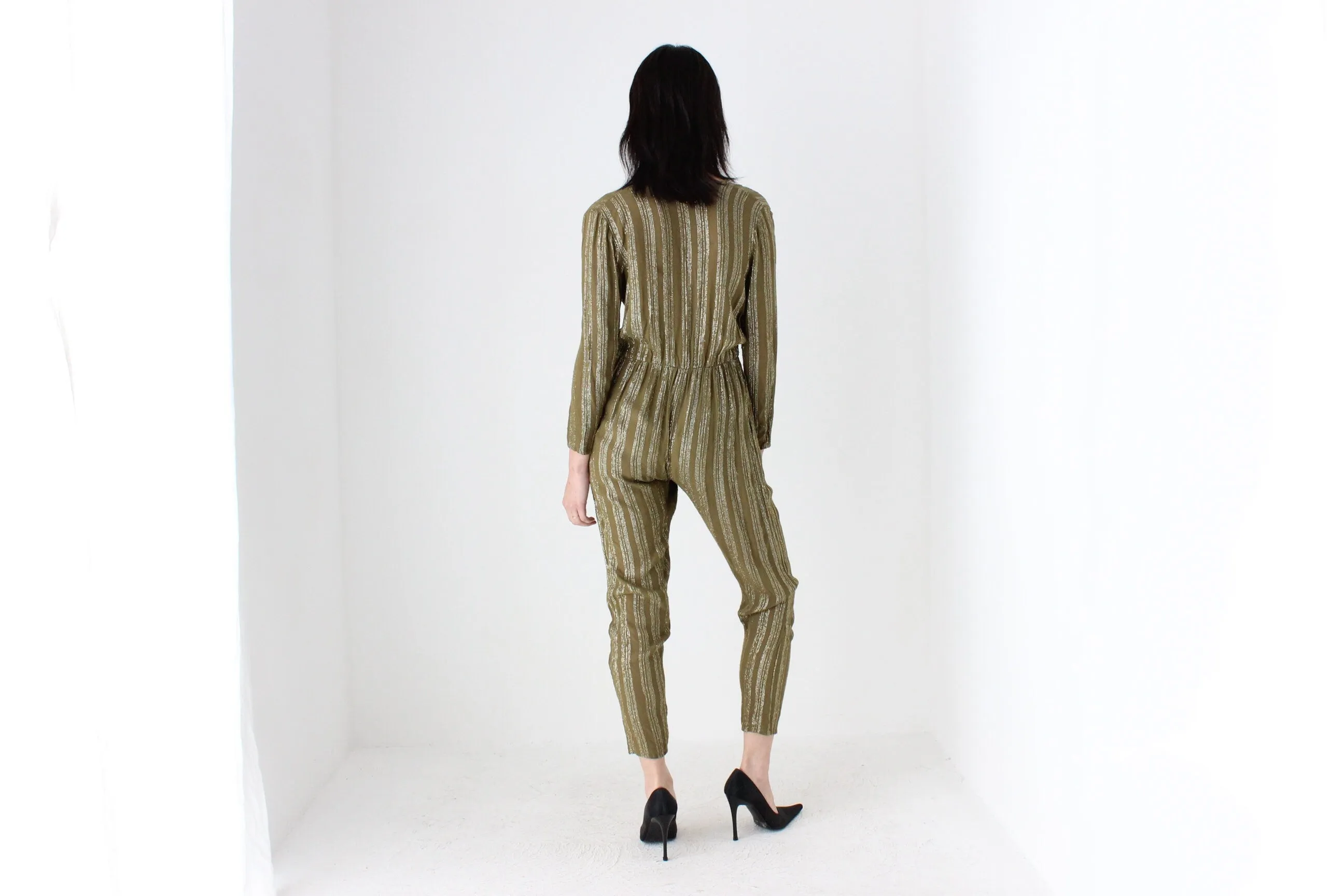 70s Rayon Metallic Lamé STUDIO 54 Plunge Neck Disco Jumpsuit