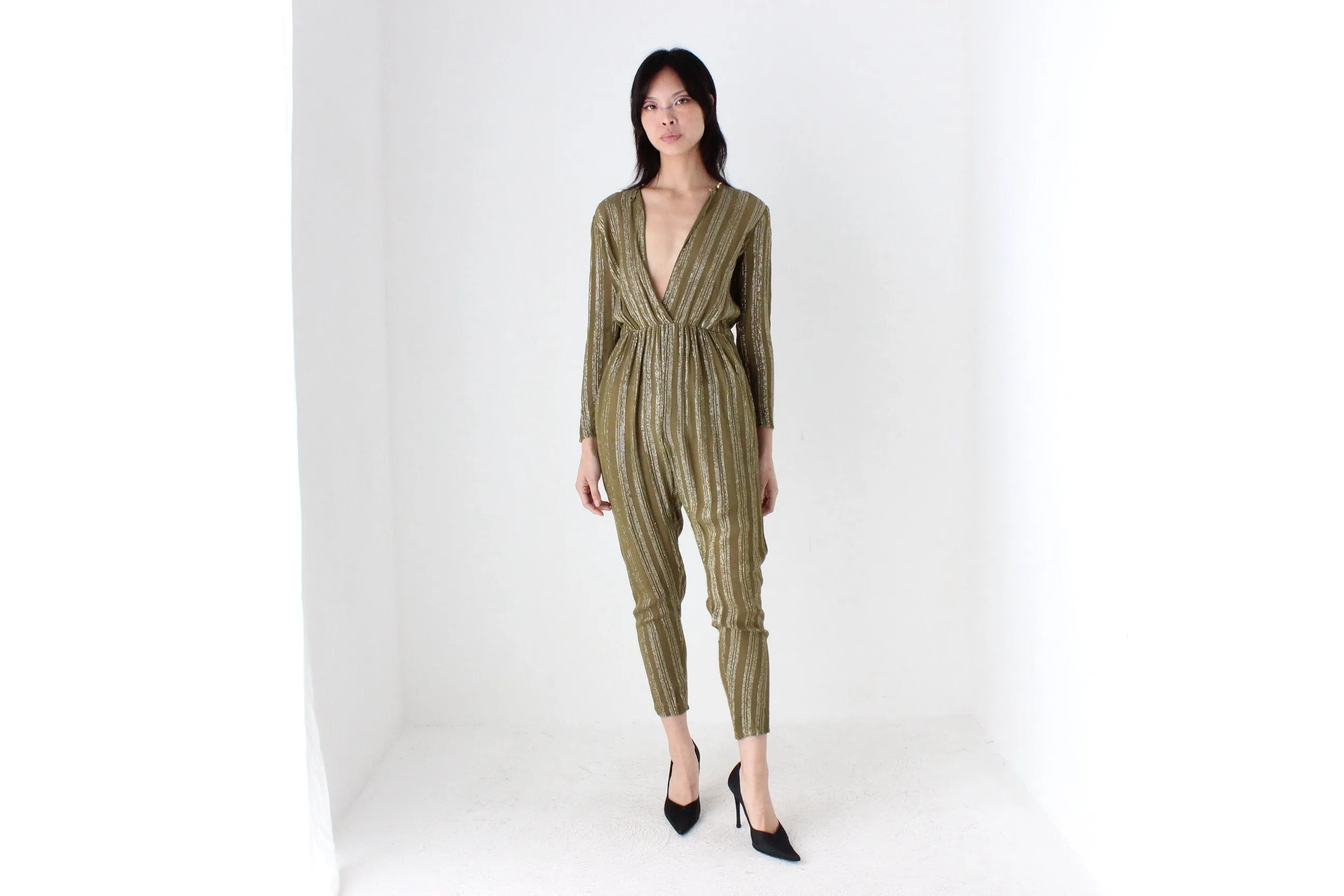 70s Rayon Metallic Lamé STUDIO 54 Plunge Neck Disco Jumpsuit