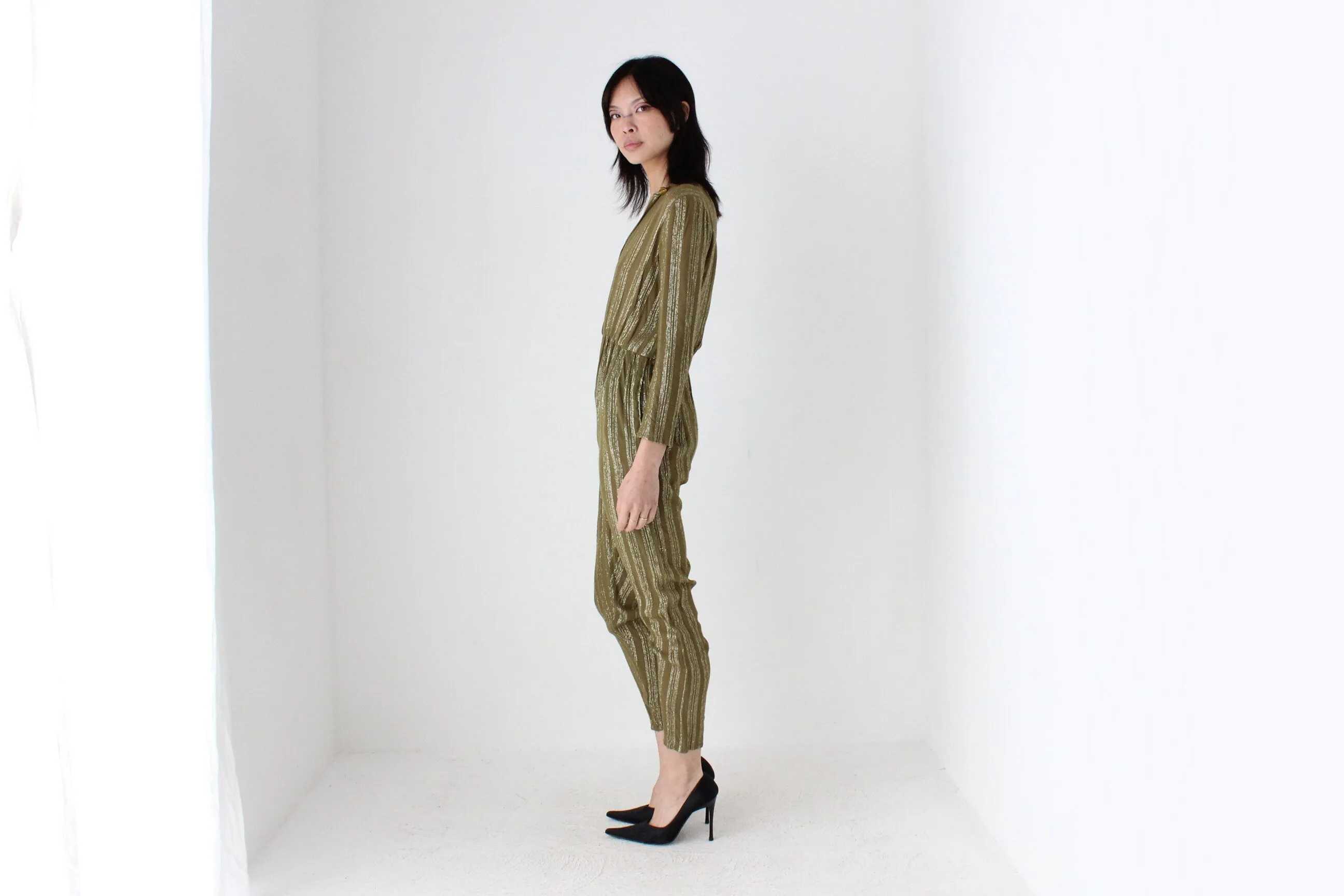 70s Rayon Metallic Lamé STUDIO 54 Plunge Neck Disco Jumpsuit