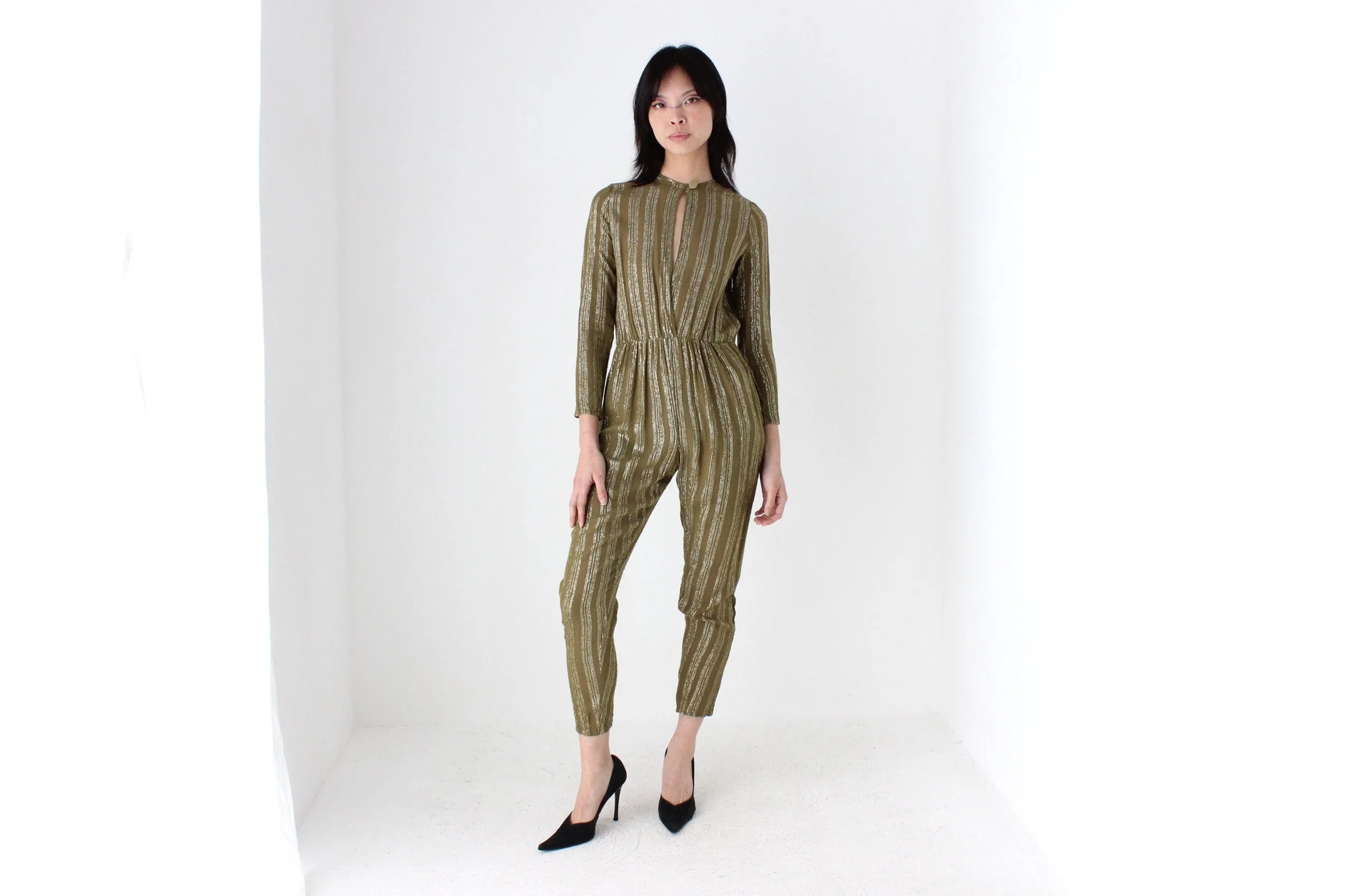 70s Rayon Metallic Lamé STUDIO 54 Plunge Neck Disco Jumpsuit