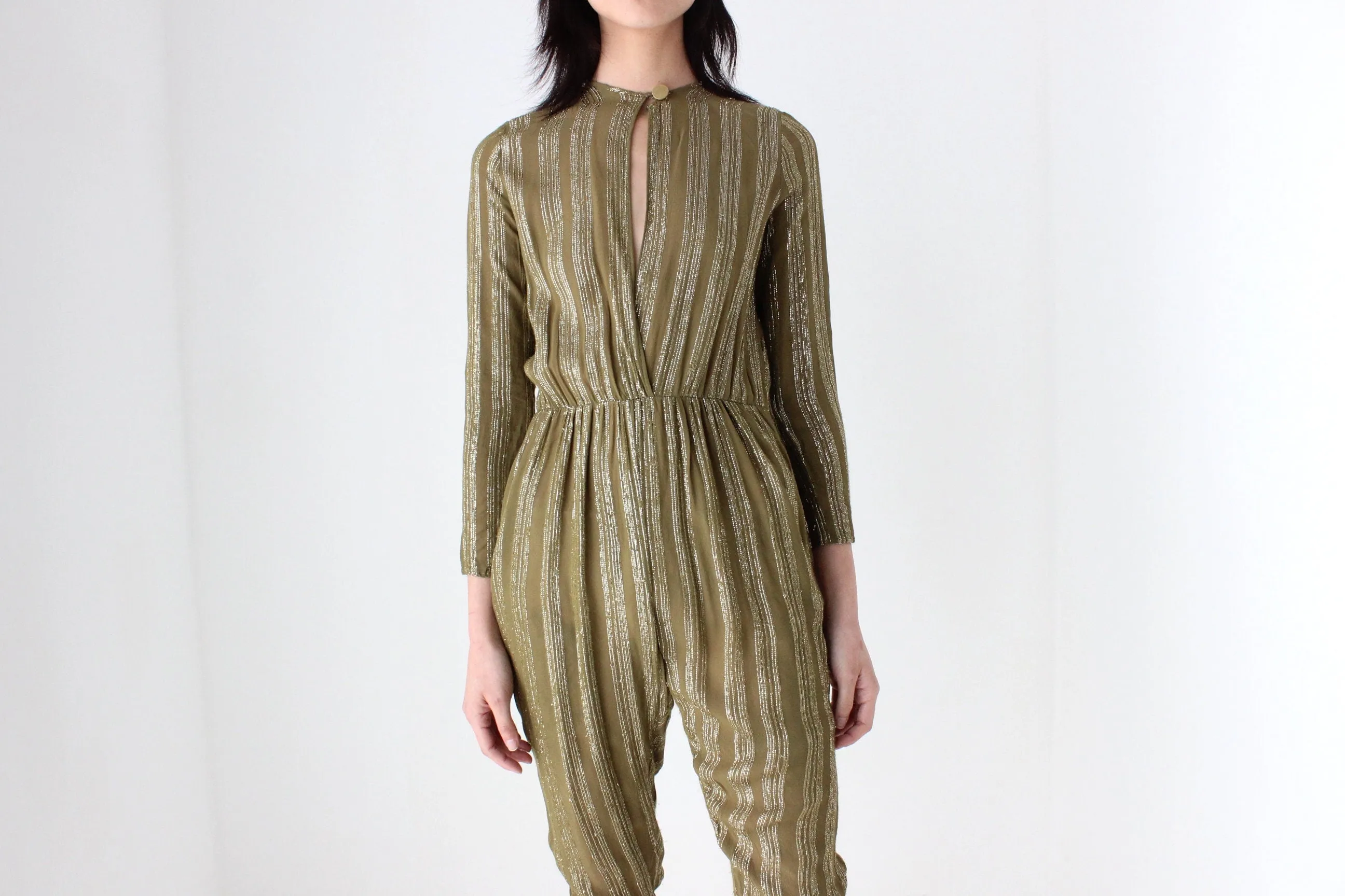 70s Rayon Metallic Lamé STUDIO 54 Plunge Neck Disco Jumpsuit
