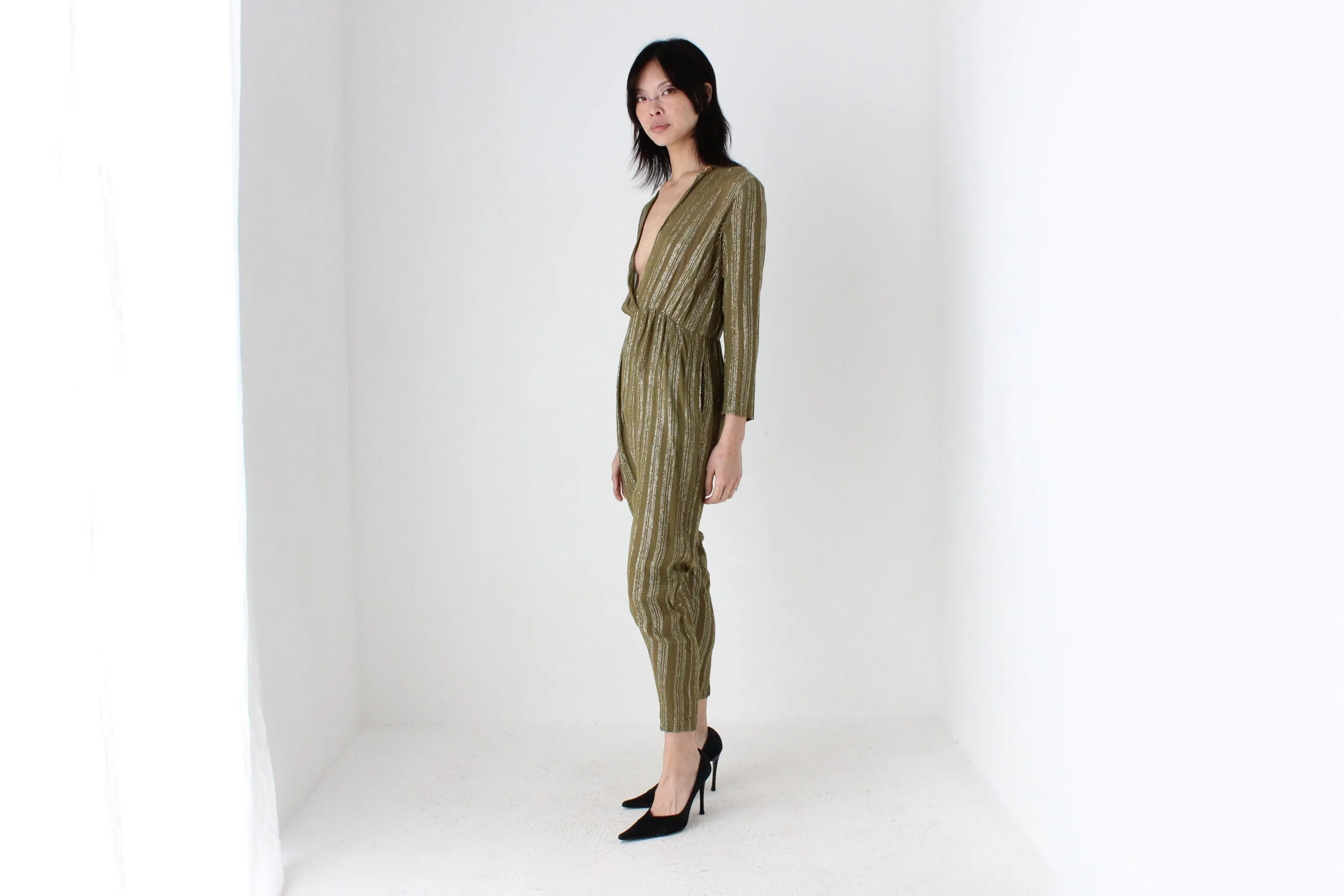 70s Rayon Metallic Lamé STUDIO 54 Plunge Neck Disco Jumpsuit