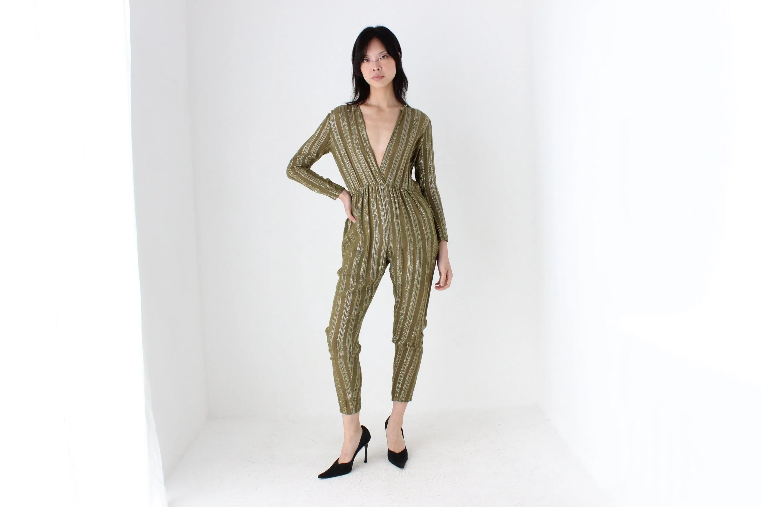 70s Rayon Metallic Lamé STUDIO 54 Plunge Neck Disco Jumpsuit