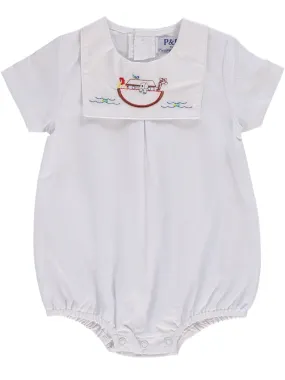 74146-Smocked Noah's Ark Bib Baby Boy Bubble Romper White