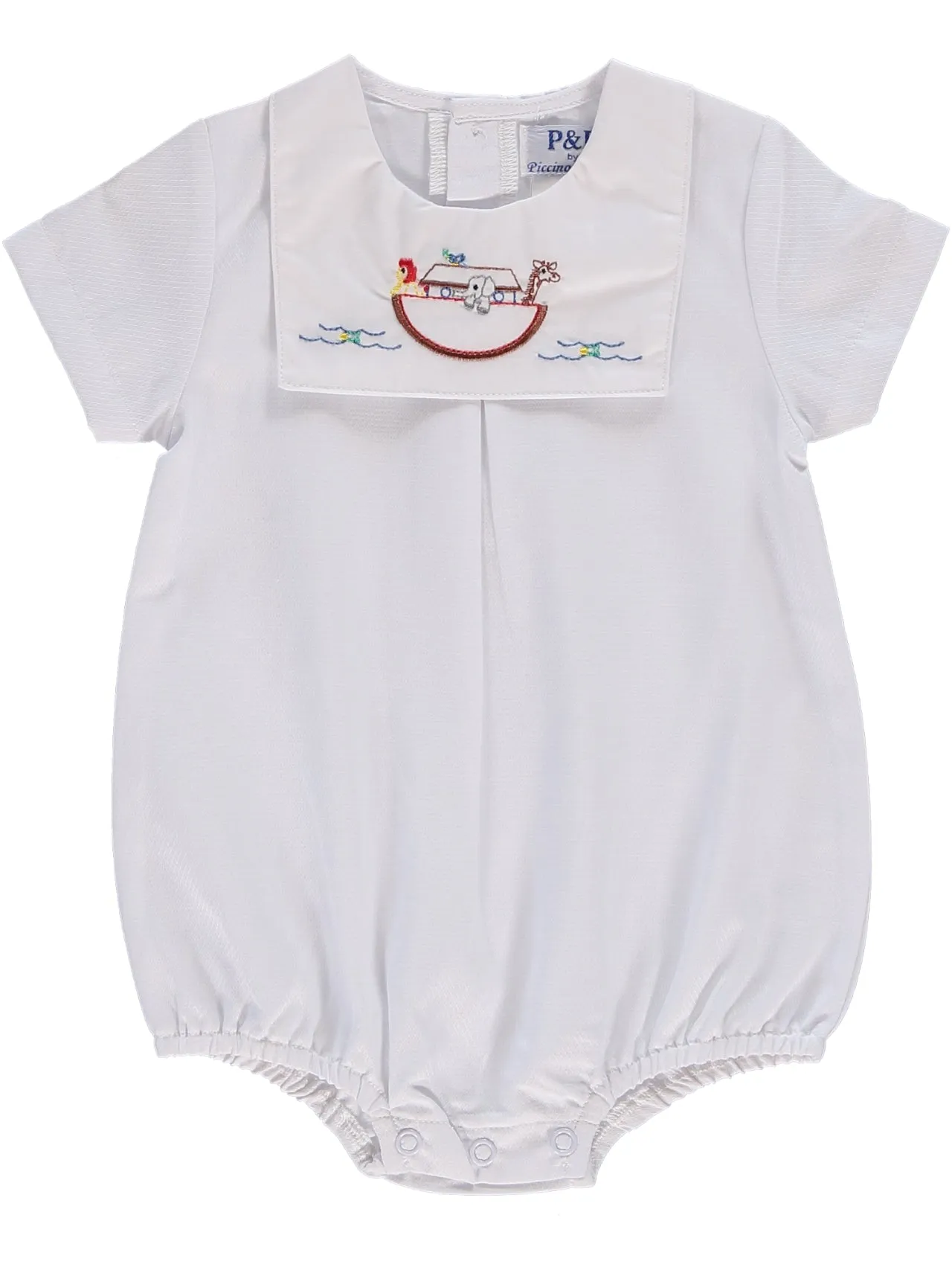 74146-Smocked Noah's Ark Bib Baby Boy Bubble Romper White