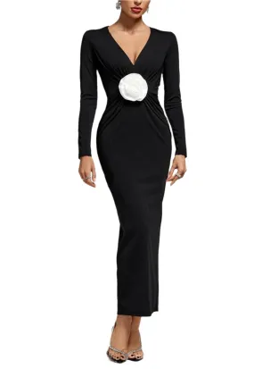 ABA Low-Cut White Flower Maxi Bodycon Dress
