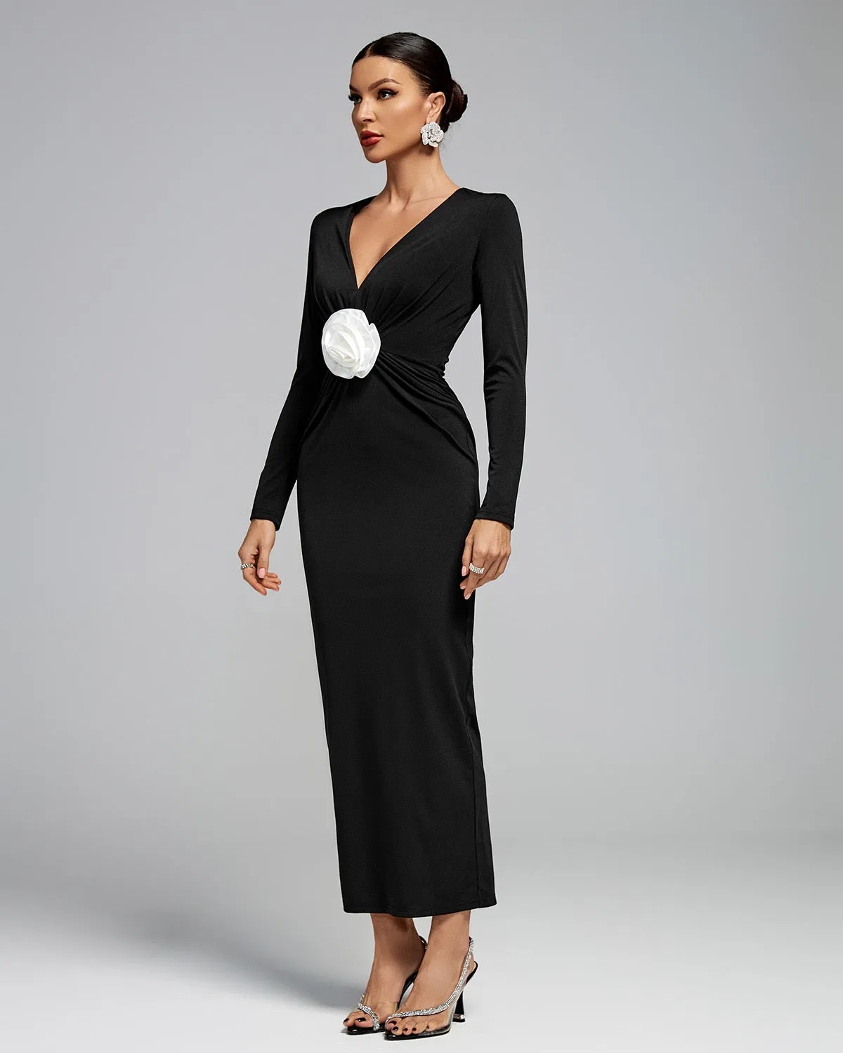 ABA Low-Cut White Flower Maxi Bodycon Dress