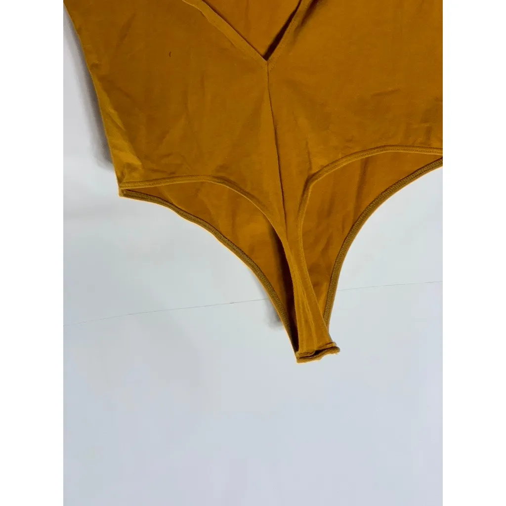 AMERICAN APPAREL Women's Camel Brown Mock-Neck Open-Back Thong Bodysuit SZ S