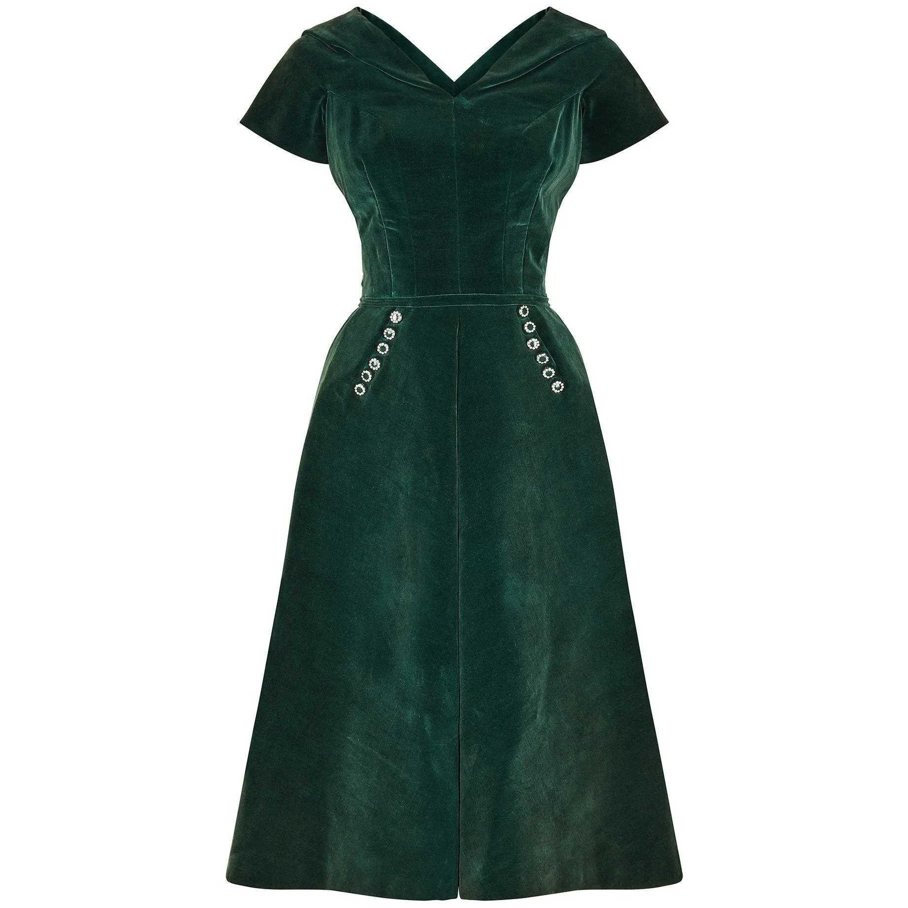ARCHIVE - 1950s Emerald Green Velvet Evening Dress with Crystal Buttons