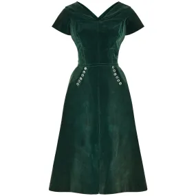 ARCHIVE - 1950s Emerald Green Velvet Evening Dress with Crystal Buttons