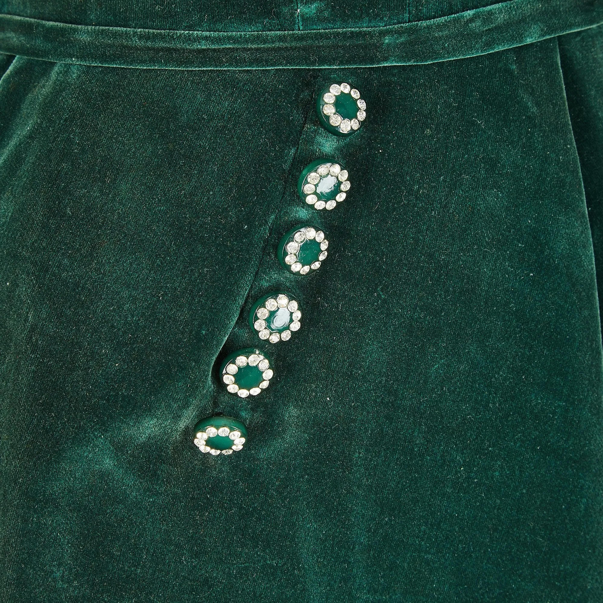 ARCHIVE - 1950s Emerald Green Velvet Evening Dress with Crystal Buttons