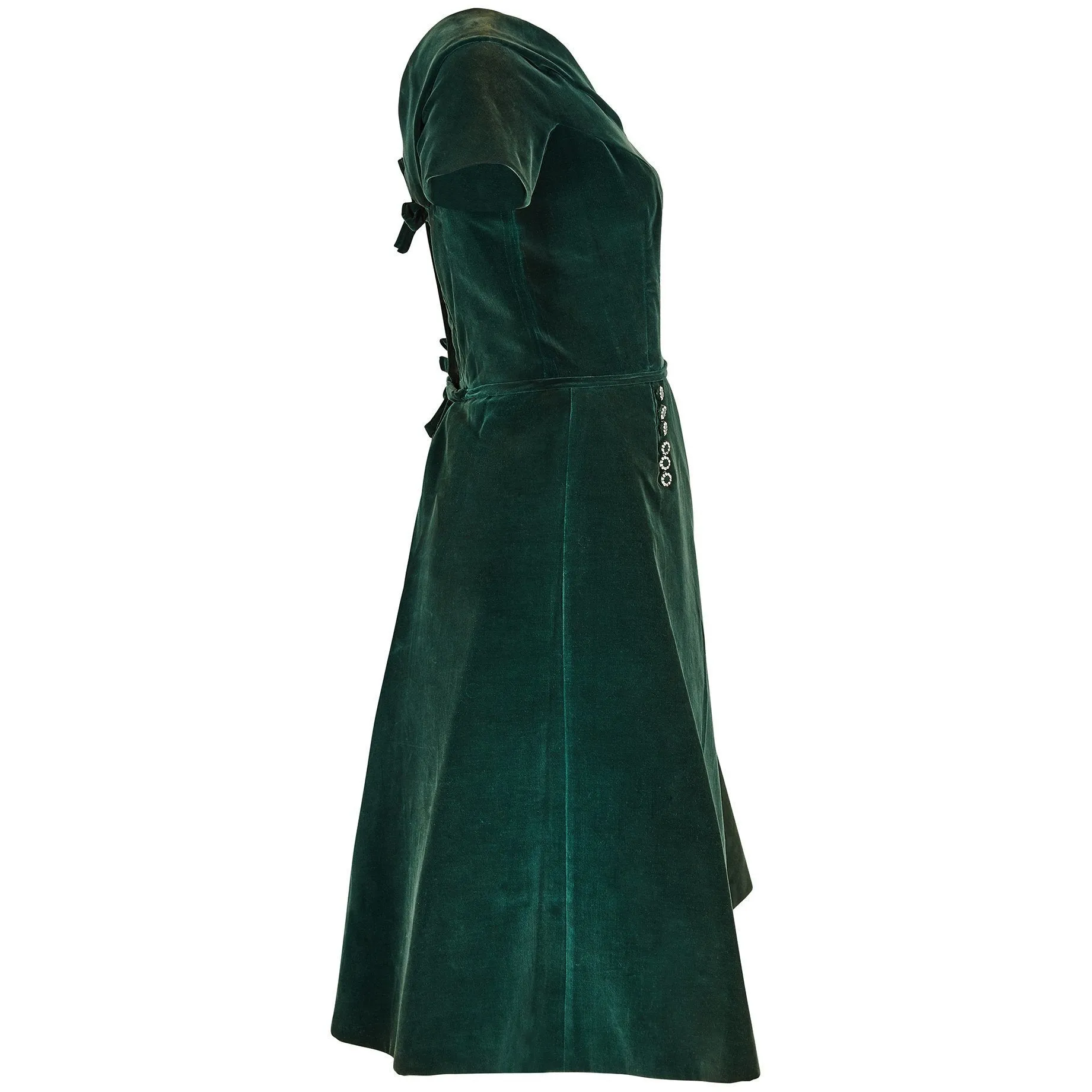 ARCHIVE - 1950s Emerald Green Velvet Evening Dress with Crystal Buttons