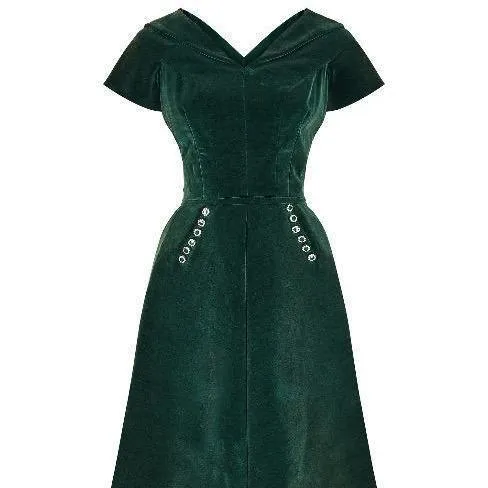 ARCHIVE - 1950s Emerald Green Velvet Evening Dress with Crystal Buttons