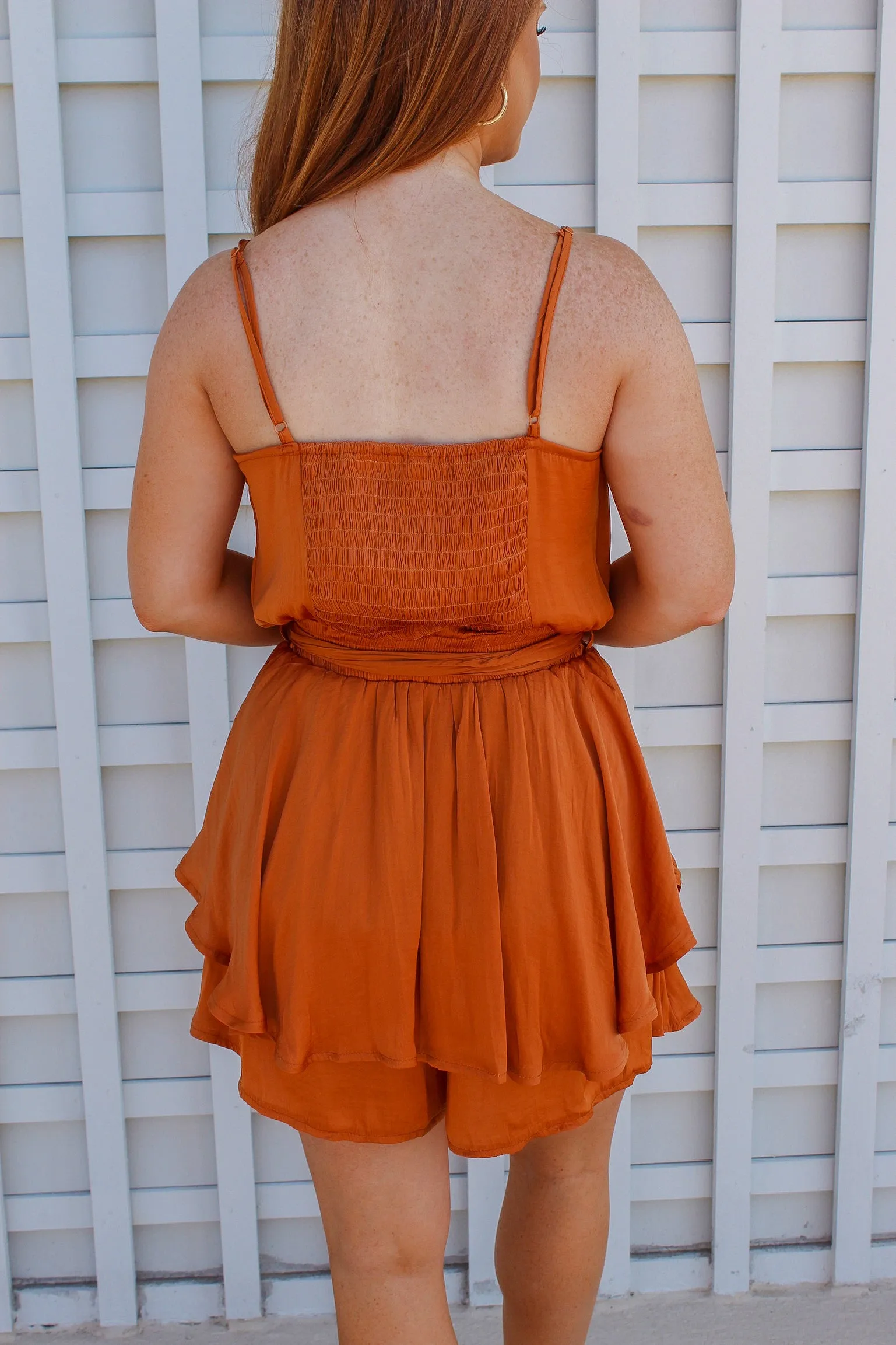 Ashlyn Surplice Tiered Romper- Camel