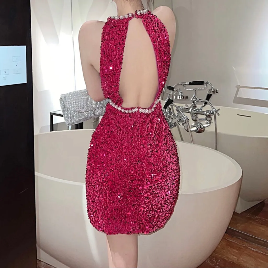 Backless Beaded Sequins Slim Sexy Dress