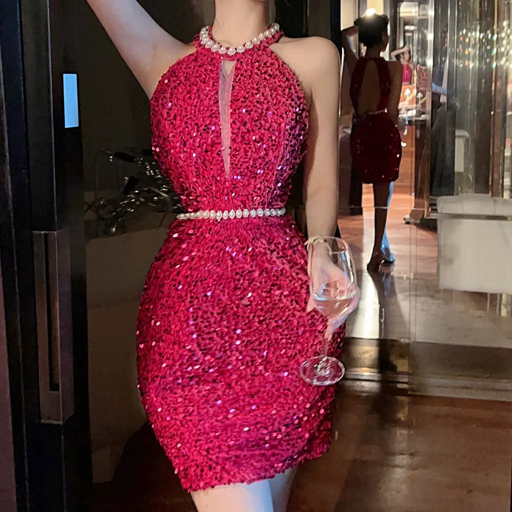 Backless Beaded Sequins Slim Sexy Dress