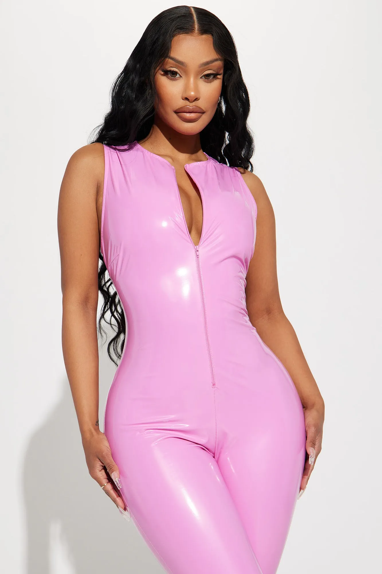 Baddie Drip Latex Jumpsuit - Pink