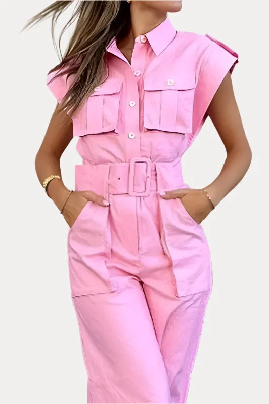 Barbie pink slanted shoulder jumpsuit