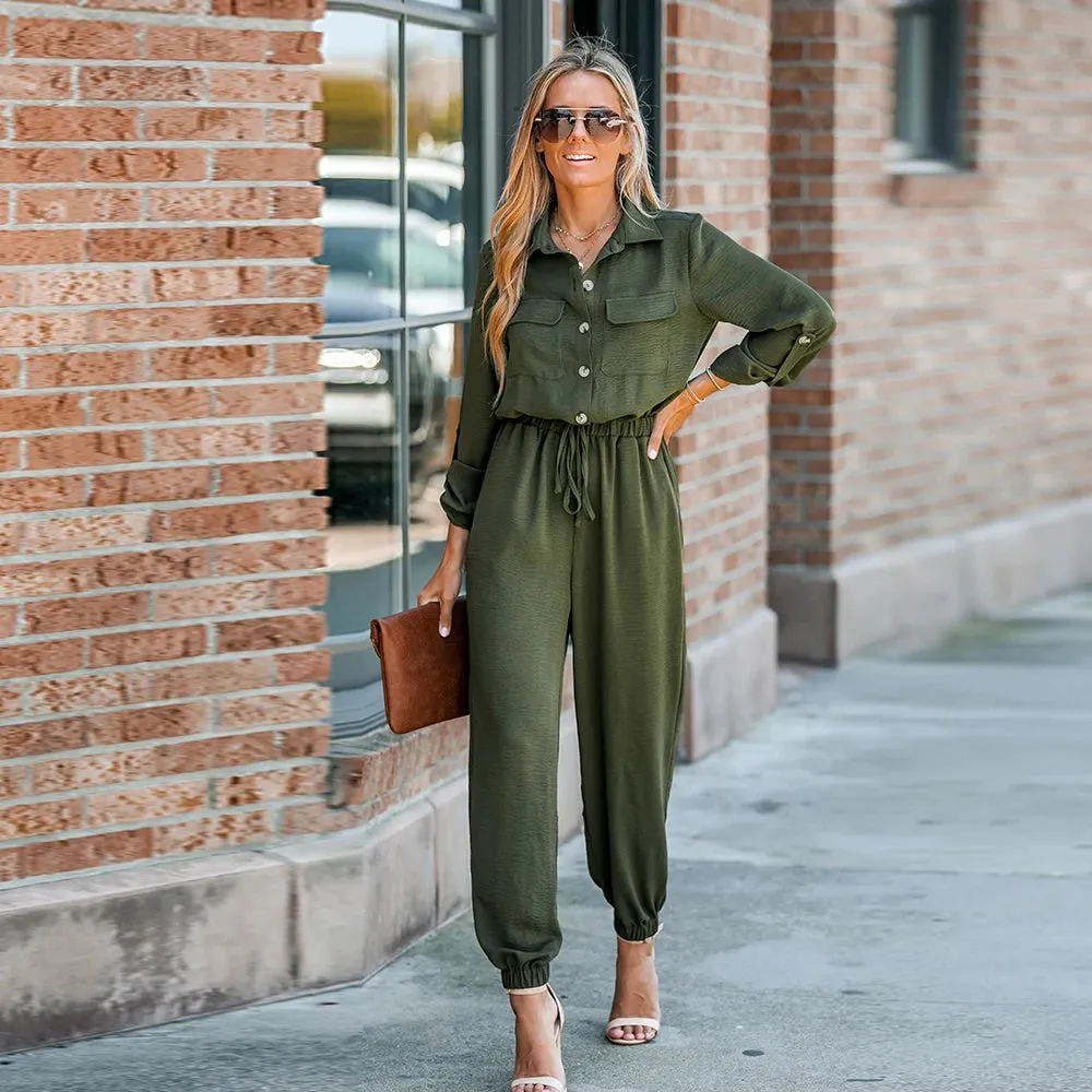 Basic Collar Button-Front Jumpsuit