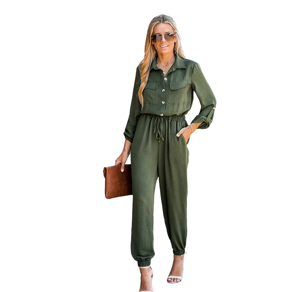 Basic Collar Button-Front Jumpsuit