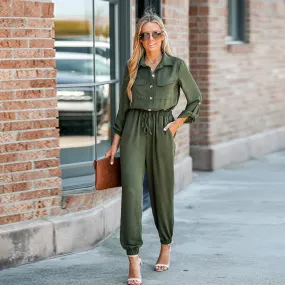Basic Collar Button-Front Jumpsuit