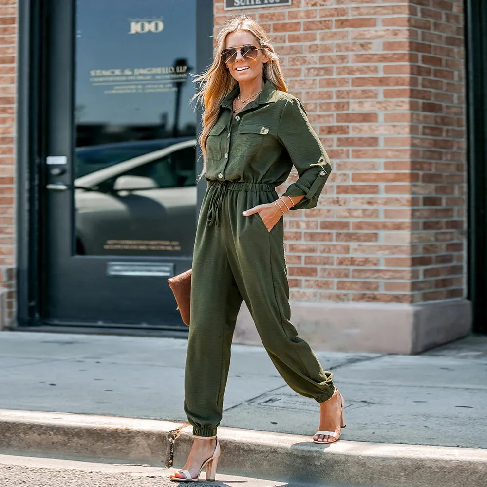 Basic Collar Button-Front Jumpsuit