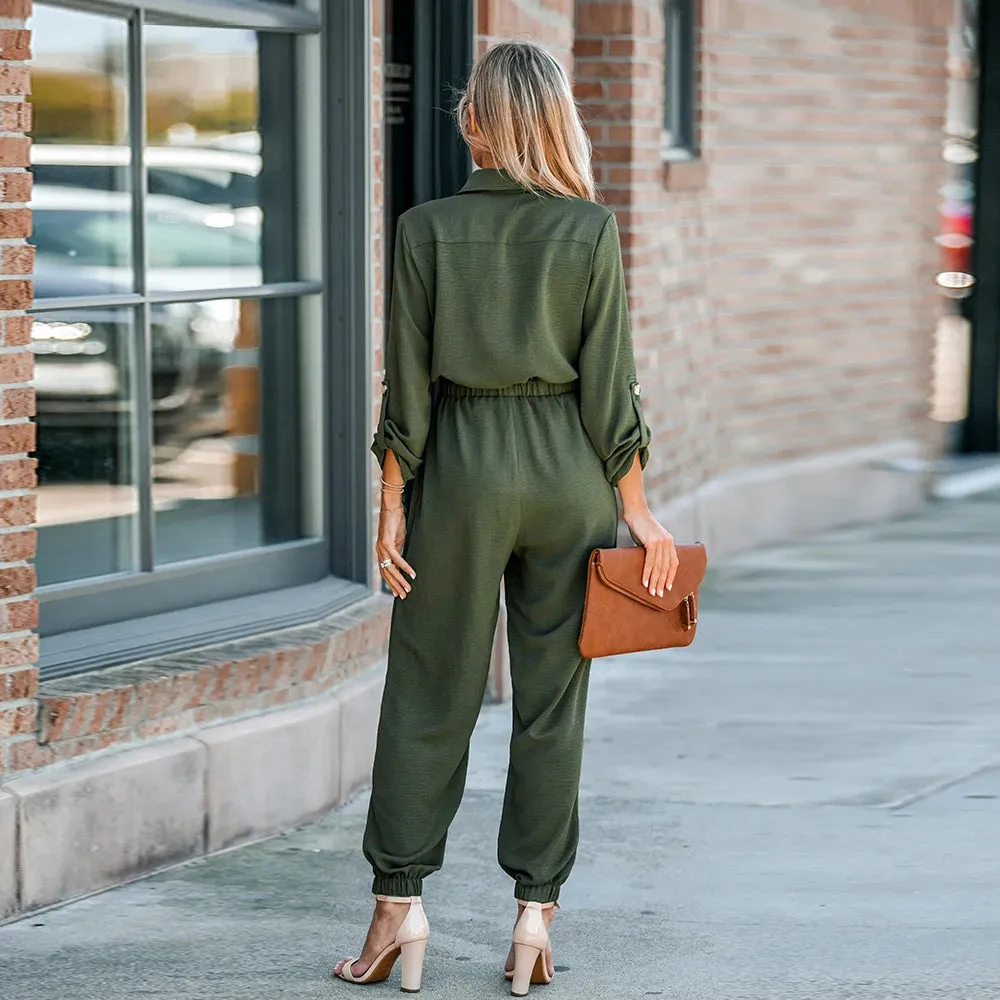 Basic Collar Button-Front Jumpsuit