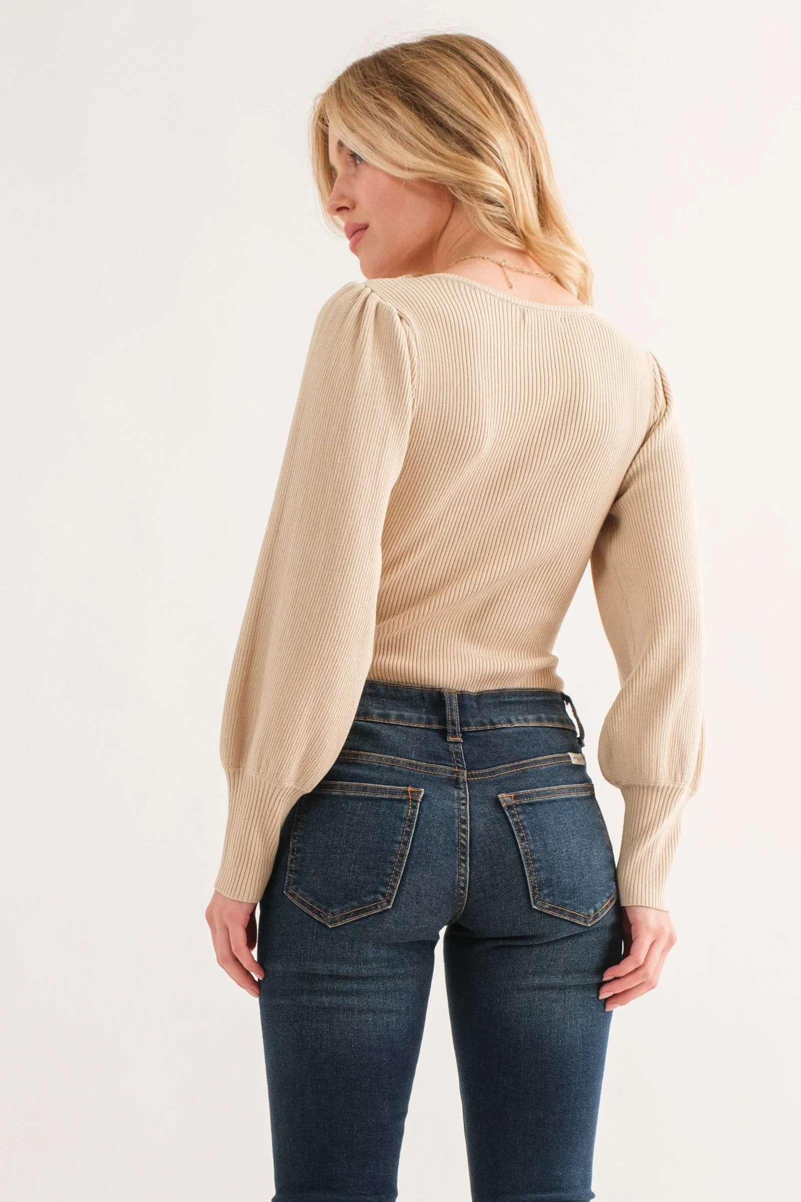 Beige Rib Knit Puff Sleeve Bodysuit