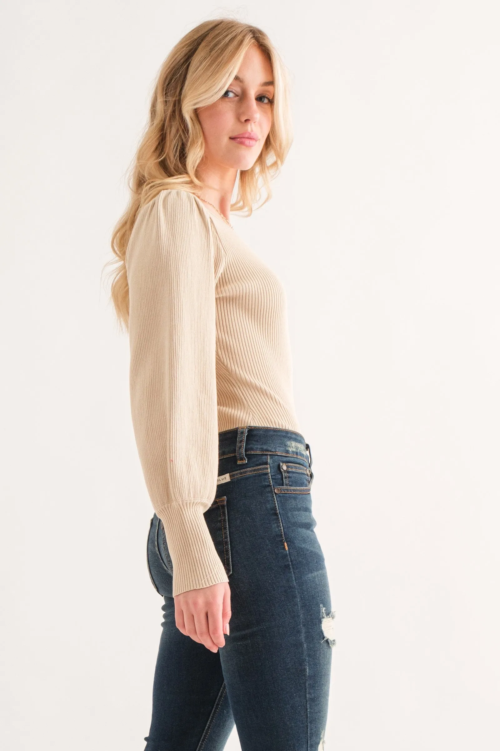Beige Rib Knit Puff Sleeve Bodysuit