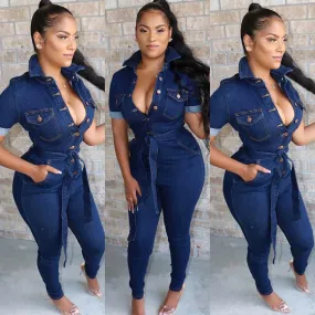 Belt Skinny Denim Jumpsuits