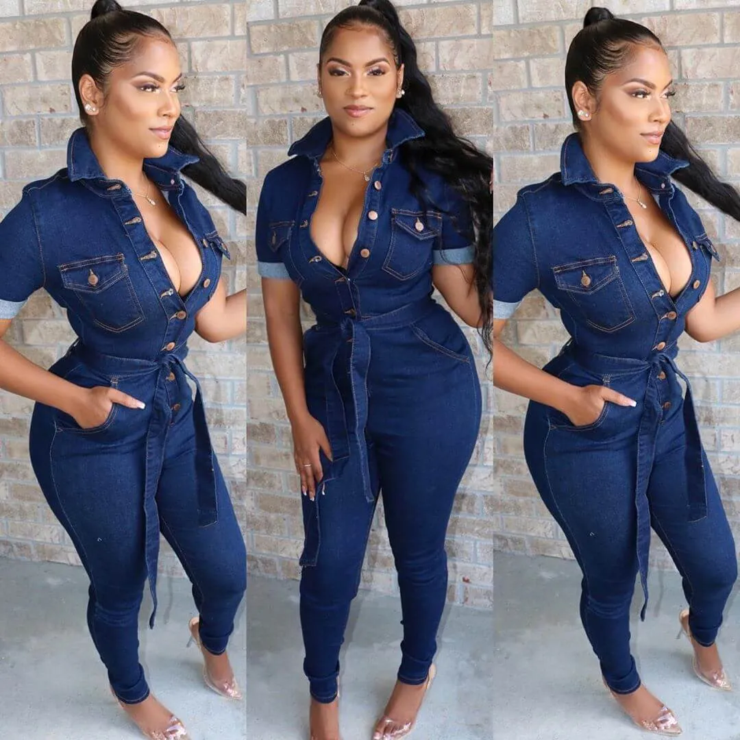 Belt Skinny Denim Jumpsuits