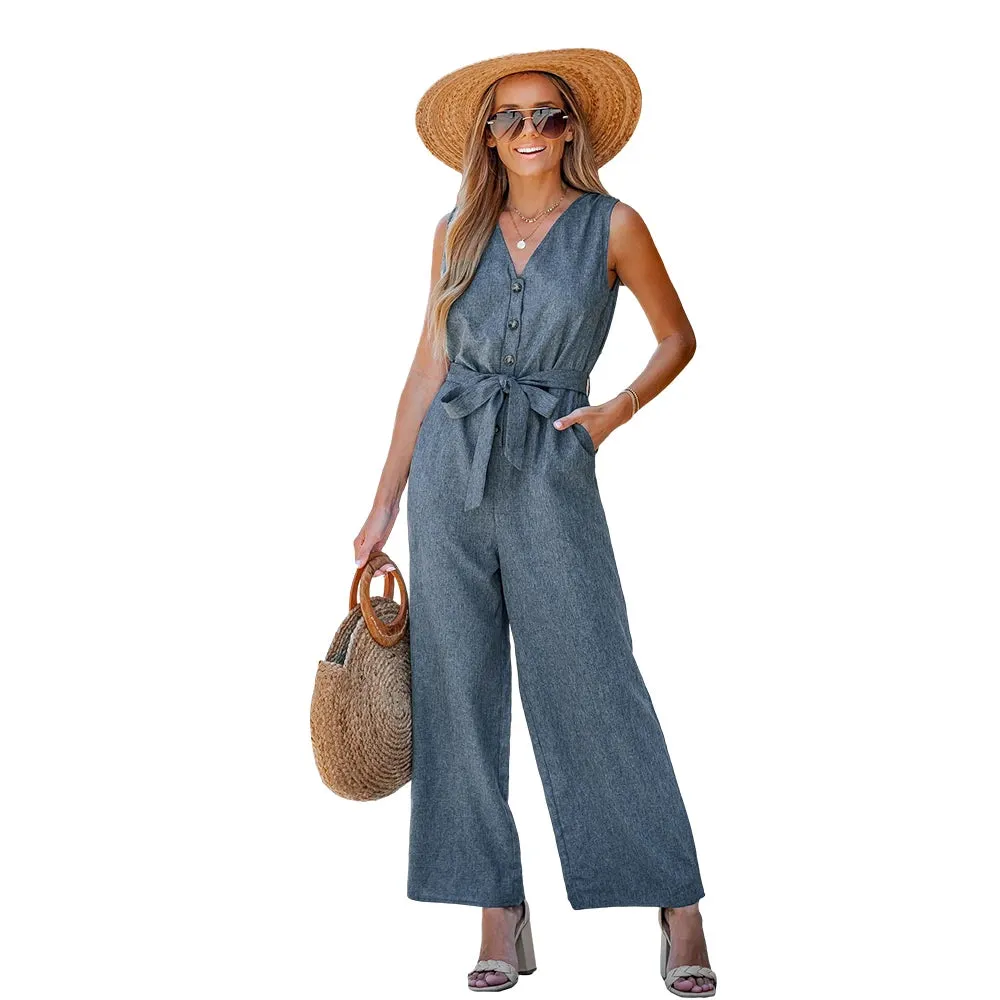 Belted V-Neck Buttoned Jumpsuit