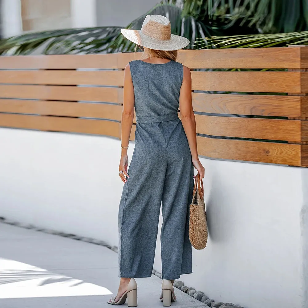 Belted V-Neck Buttoned Jumpsuit