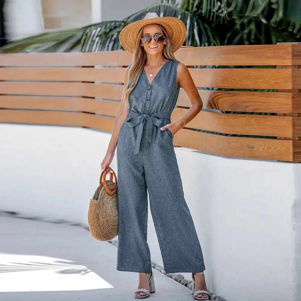 Belted V-Neck Buttoned Jumpsuit