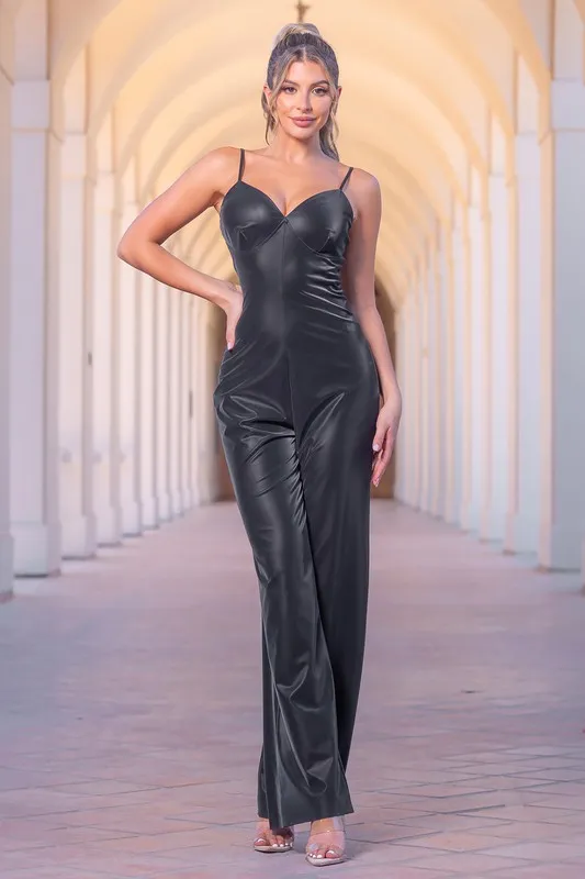 Black Faux Black Leather Jumpsuit