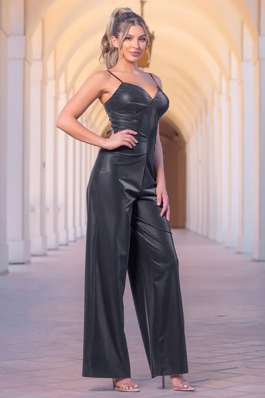 Black Faux Black Leather Jumpsuit