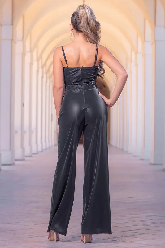 Black Faux Black Leather Jumpsuit