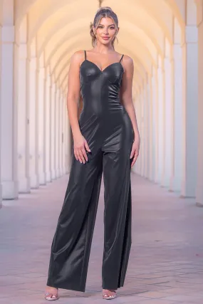 Black Faux Black Leather Jumpsuit