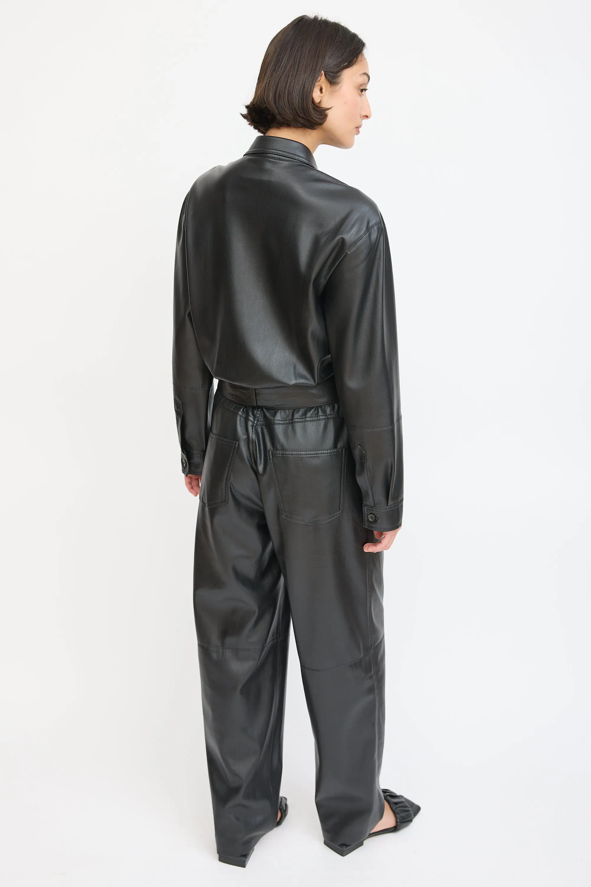 Black Faux Leather Belted Jumpsuit