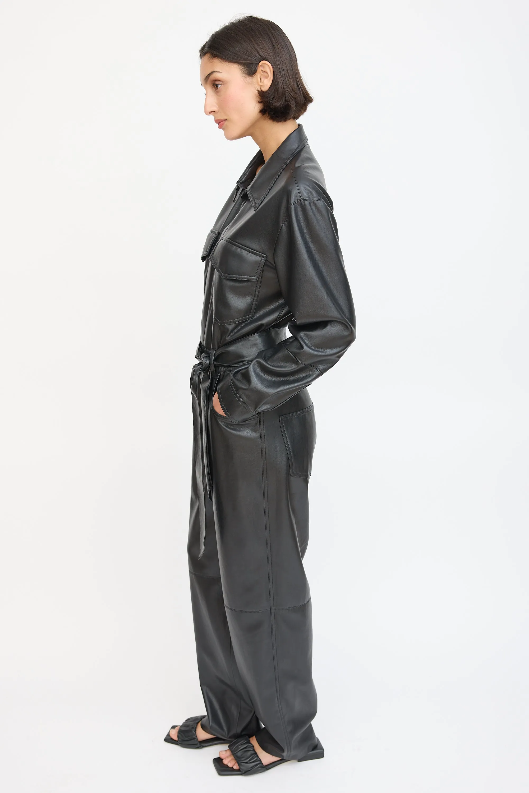 Black Faux Leather Belted Jumpsuit