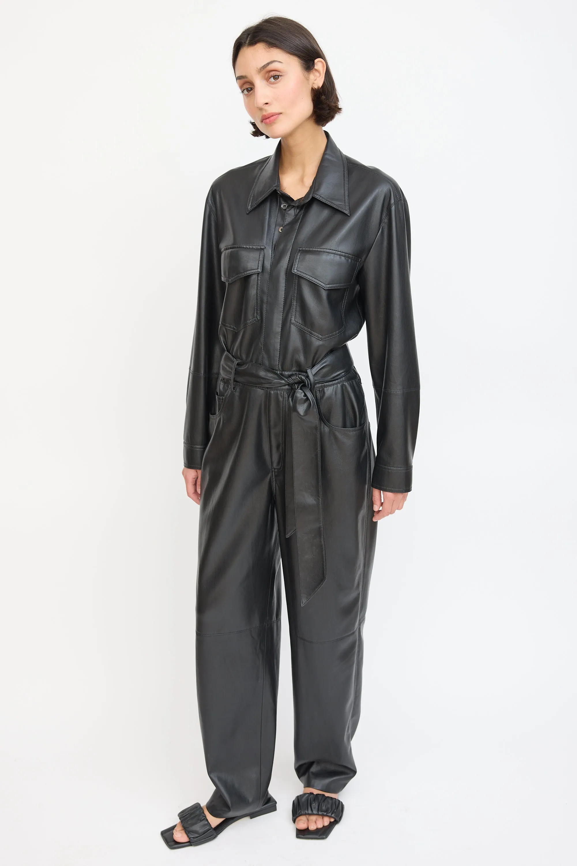 Black Faux Leather Belted Jumpsuit