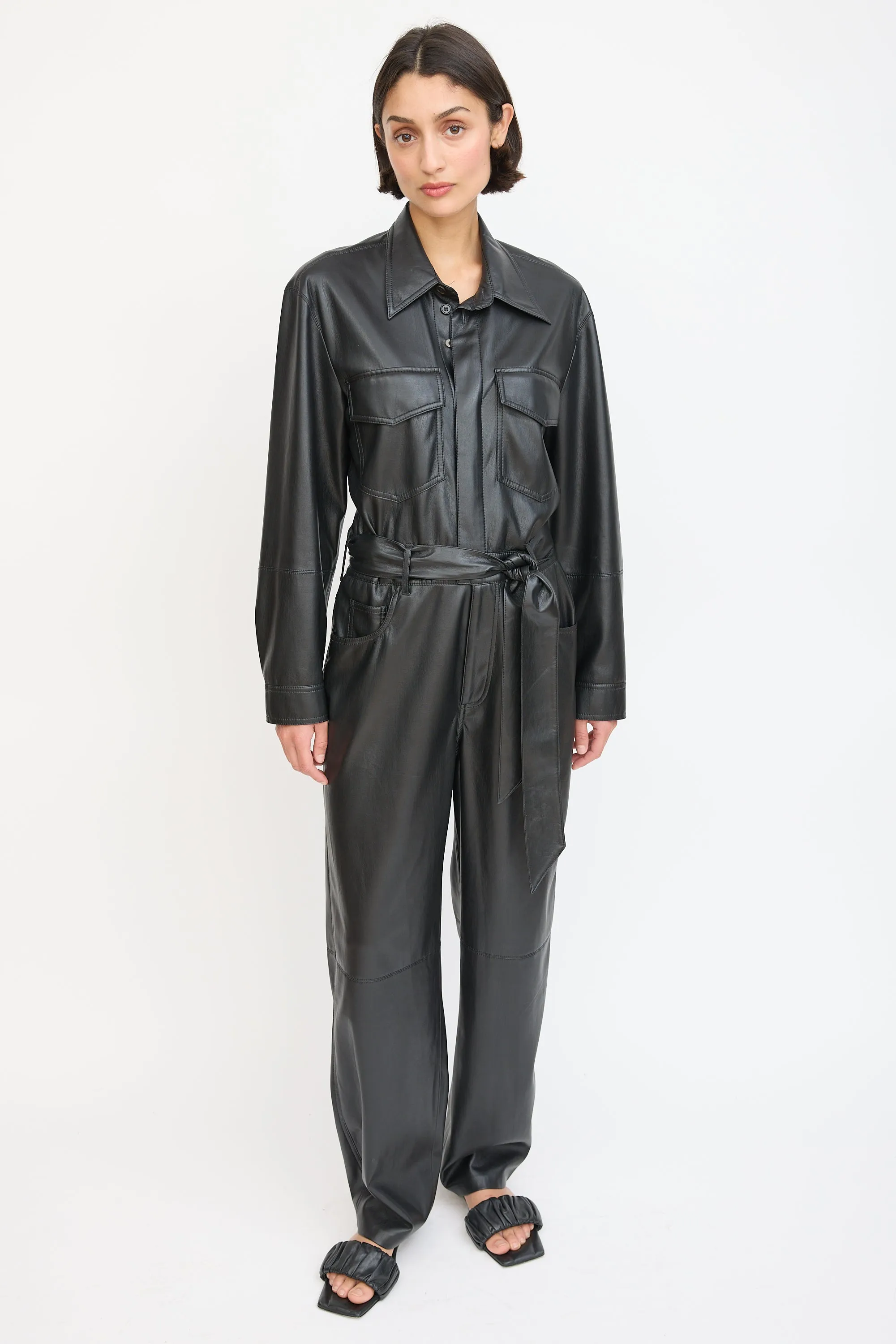 Black Faux Leather Belted Jumpsuit