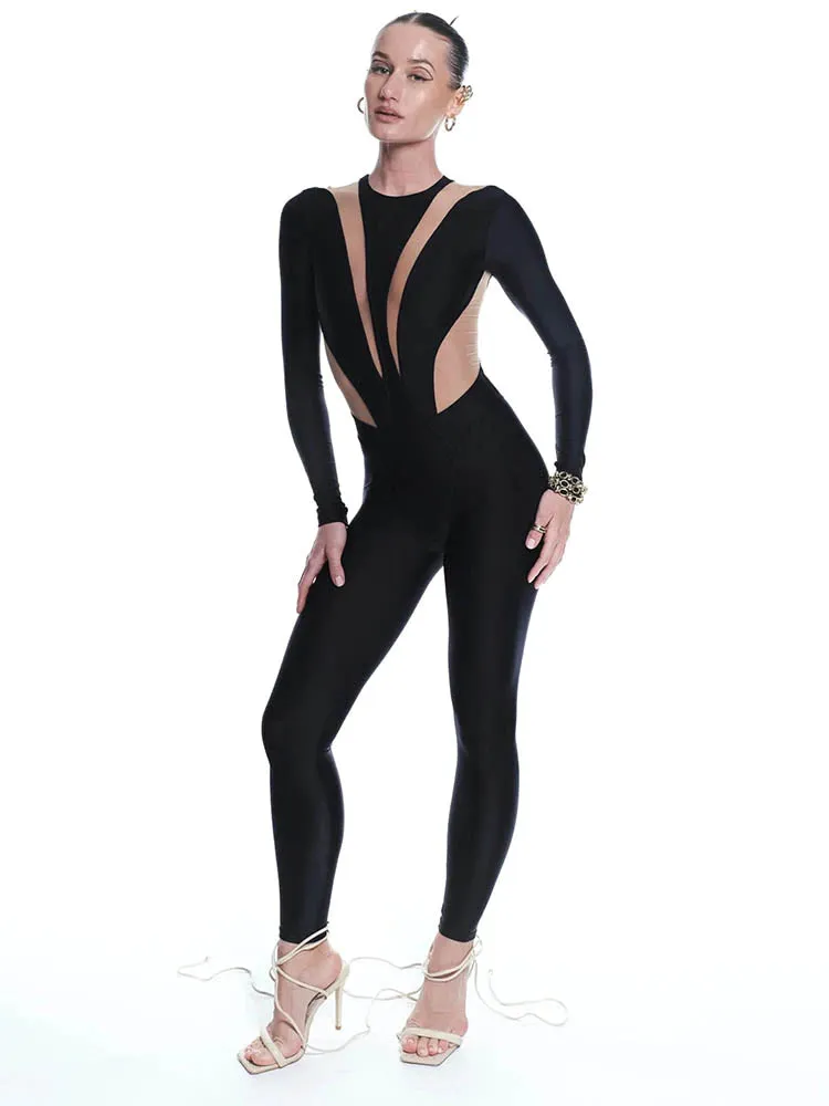 Black Mesh Bodyshaping One Piece Jumpsuit