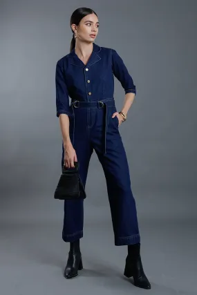 Blue Denim Flap Collar Jumpsuit