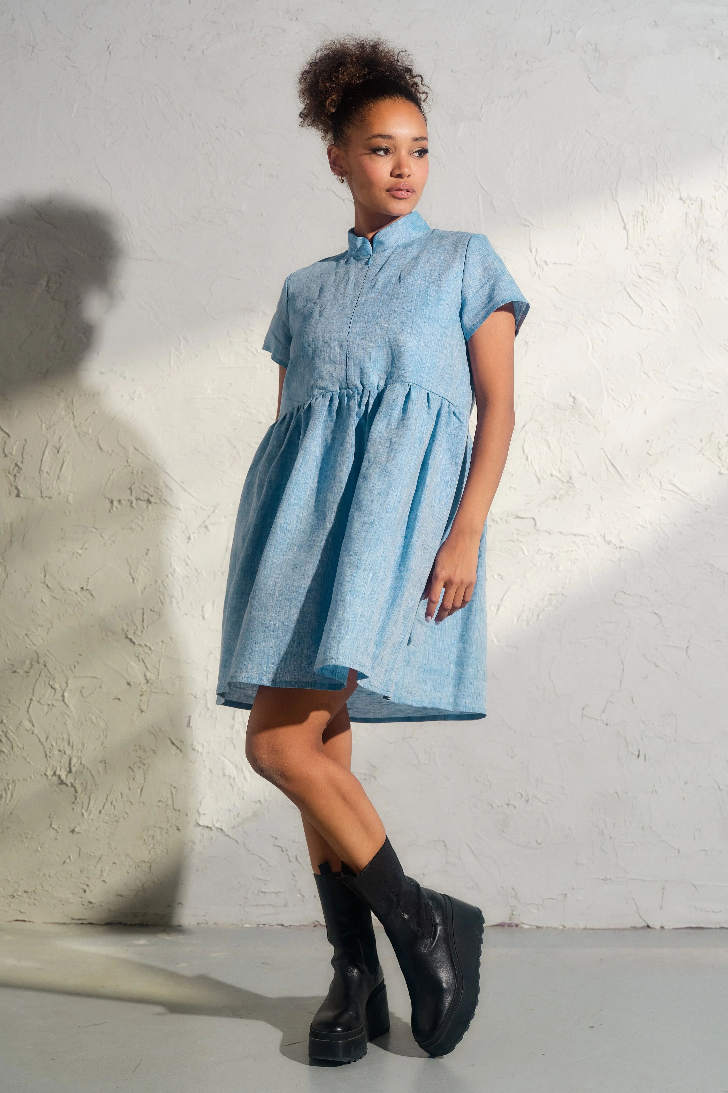 Blue Melange Linen Shirt Dress
